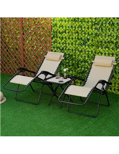 Outsunny Folding Zero Gravity Chairs, 3 Pieces Adjustable Sun Lounger and Table Set with Cup Holder and Headrest, Patio Bistro S 2