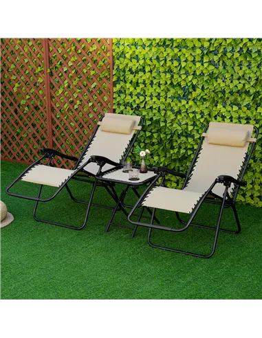 Outsunny Folding Zero Gravity Chairs, 3 Pieces Adjustable Sun Lounger and Table Set with Cup Holder and Headrest, Patio Bistro S