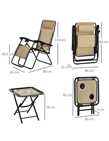 Outsunny Folding Zero Gravity Chairs, 3 Pieces Adjustable Sun Lounger and Table Set with Cup Holder and Headrest, Patio Bistro S