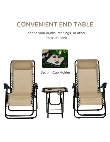Outsunny Folding Zero Gravity Chairs, 3 Pieces Adjustable Sun Lounger and Table Set with Cup Holder and Headrest, Patio Bistro S