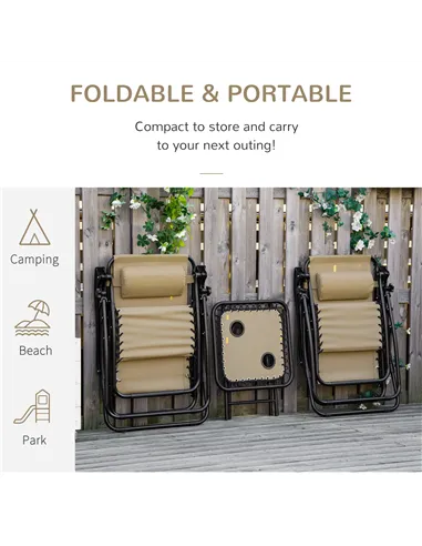 Outsunny Folding Zero Gravity Chairs, 3 Pieces Adjustable Sun Lounger and Table Set with Cup Holder and Headrest, Patio Bistro S