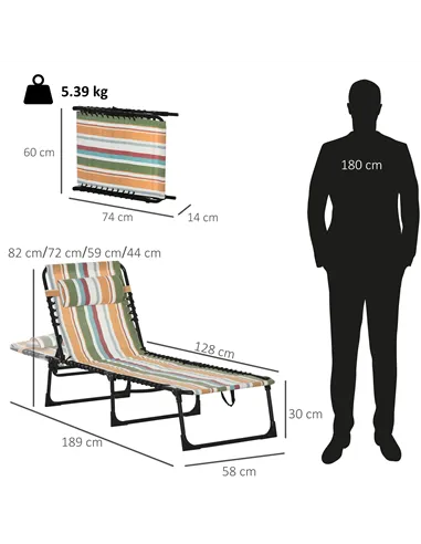 Outsunny Folding Sun Lounger Beach Chaise Chair Garden Reclining Cot Camping Recliner with 4 Position Adjustable Multicolored