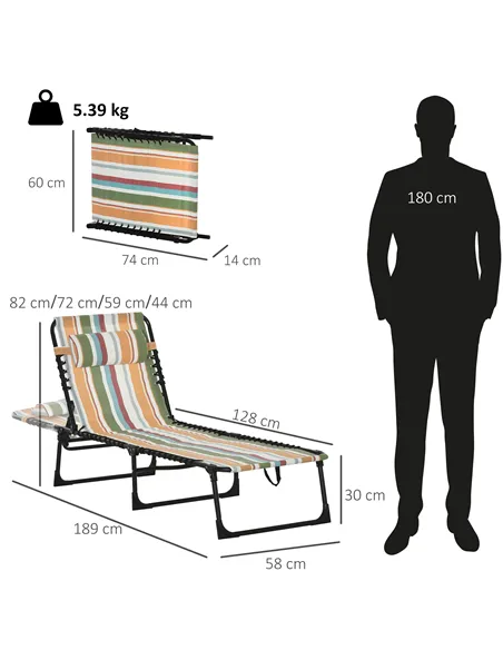 Outsunny Folding Sun Lounger Beach Chaise Chair Garden Reclining Cot Camping Recliner with 4 Position Adjustable Multicolored