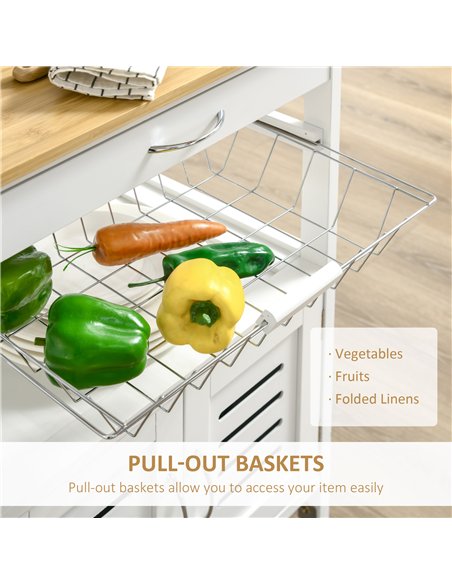 HOMCOM Rolling Kitchen Island Trolley Utility Cart on Wheels with Bamboo Table Top, Storage Cabinet, Drawer and Wire Basket