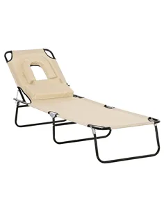 Outsunny Outdoor Folding Sun Lounger with Face Hole, 4 Level Adjustable Backrest Reclining Garden Lounger, Garden Recliner Sunbe