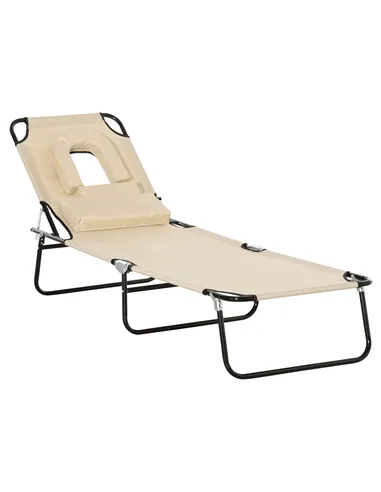 Outsunny Outdoor Folding Sun Lounger with Face Hole, 4 Level Adjustable Backrest Reclining Garden Lounger, Garden Recliner Sunbe