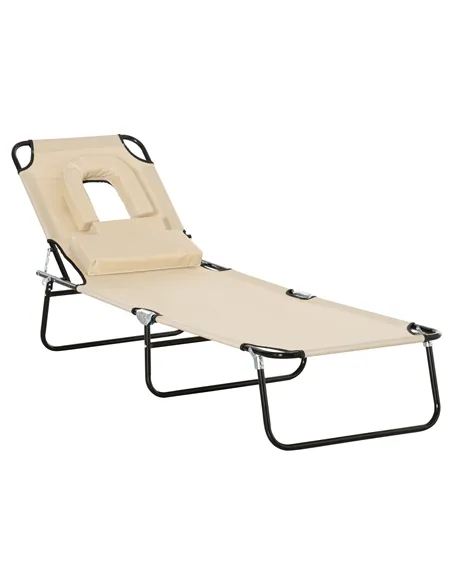 Outsunny Outdoor Folding Sun Lounger with Face Hole, 4 Level Adjustable Backrest Reclining Garden Lounger, Garden Recliner Sunbe