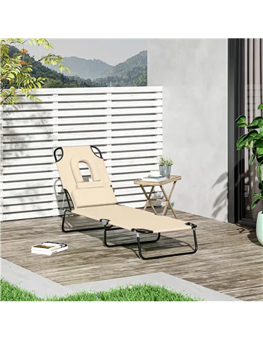 Outsunny Outdoor Folding Sun Lounger with Face Hole, 4 Level Adjustable Backrest Reclining Garden Lounger, Garden Recliner Sunbe