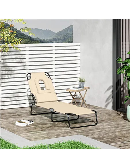 Outsunny Outdoor Folding Sun Lounger with Face Hole, 4 Level Adjustable Backrest Reclining Garden Lounger, Garden Recliner Sunbe