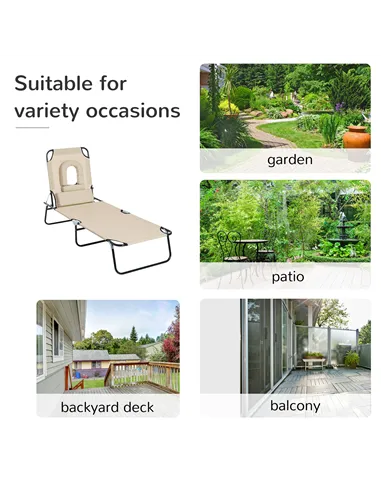 Outsunny Outdoor Folding Sun Lounger with Face Hole, 4 Level Adjustable Backrest Reclining Garden Lounger, Garden Recliner Sunbe