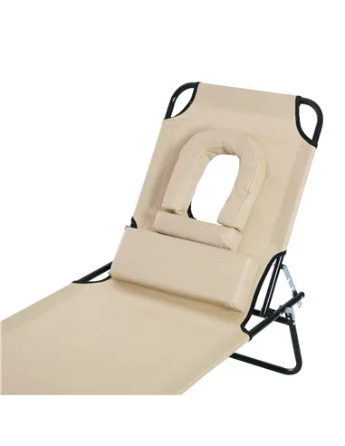 Outsunny Outdoor Folding Sun Lounger with Face Hole, 4 Level Adjustable Backrest Reclining Garden Lounger, Garden Recliner Sunbe