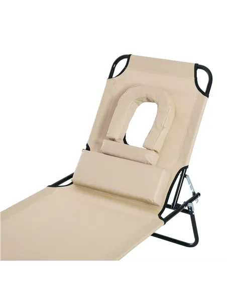 Outsunny Outdoor Folding Sun Lounger with Face Hole, 4 Level Adjustable Backrest Reclining Garden Lounger, Garden Recliner Sunbe