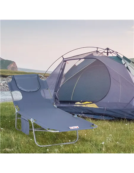 Outsunny Foldable Sun Lounger, Beach Chaise Lounge with Reading Hole, Arm Slots, 5-Position Adjustable Backrest, Side Pocket, Pi