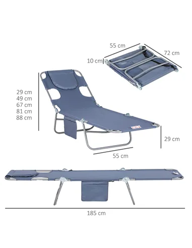 Outsunny Foldable Sun Lounger, Beach Chaise Lounge with Reading Hole, Arm Slots, 5-Position Adjustable Backrest, Side Pocket, Pi
