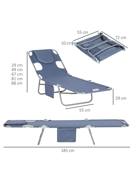 Outsunny Foldable Sun Lounger, Beach Chaise Lounge with Reading Hole, Arm Slots, 5-Position Adjustable Backrest, Side Pocket, Pi