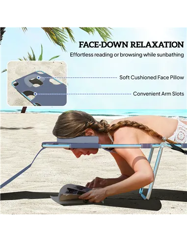 Outsunny Foldable Sun Lounger, Beach Chaise Lounge with Reading Hole, Arm Slots, 5-Position Adjustable Backrest, Side Pocket, Pi