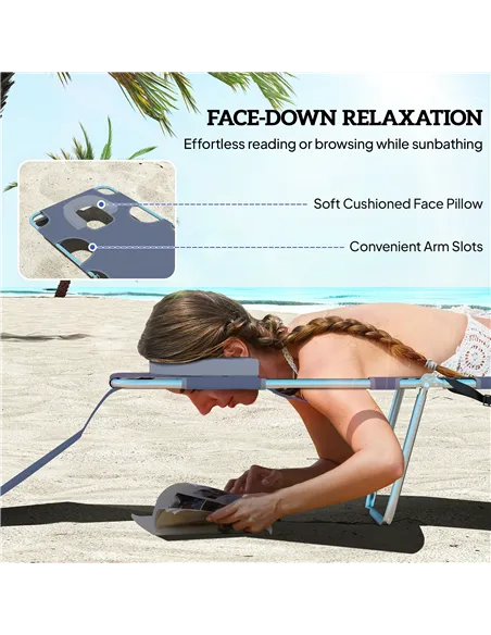 Outsunny Foldable Sun Lounger, Beach Chaise Lounge with Reading Hole, Arm Slots, 5-Position Adjustable Backrest, Side Pocket, Pi