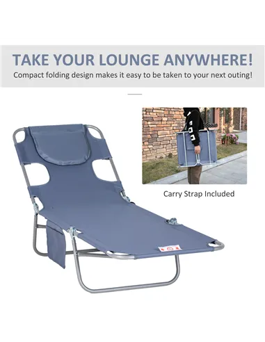 Outsunny Foldable Sun Lounger, Beach Chaise Lounge with Reading Hole, Arm Slots, 5-Position Adjustable Backrest, Side Pocket, Pi