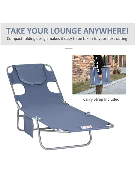Outsunny Foldable Sun Lounger, Beach Chaise Lounge with Reading Hole, Arm Slots, 5-Position Adjustable Backrest, Side Pocket, Pi