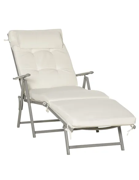 Outsunny Sun Lounger Steel Frame Outdoor Folding Chaise Texteline Lounge Chair Recliner with Headrest & 7 Levels Adjustable Back