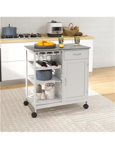 HOMCOM Compact Kitchen Trolley Utility Cart on Wheels with Wine Rack, Drawer, Open Shelf and Storage Cabinet for Dining Room, Wh