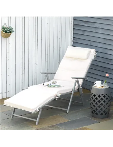 Outsunny Sun Lounger Steel Frame Outdoor Folding Chaise Texteline Lounge Chair Recliner with Headrest & 7 Levels Adjustable Back