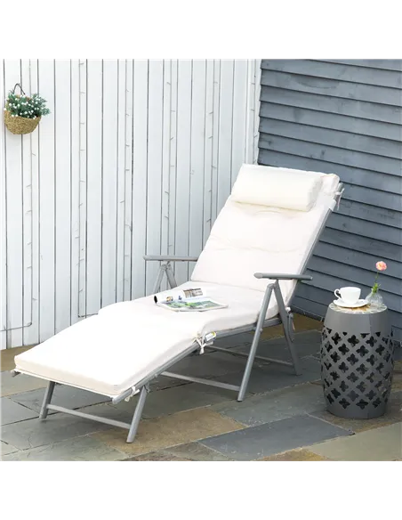 Outsunny Sun Lounger Steel Frame Outdoor Folding Chaise Texteline Lounge Chair Recliner with Headrest & 7 Levels Adjustable Back