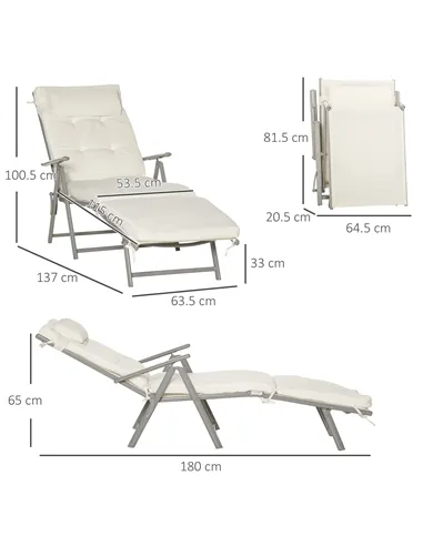Outsunny Sun Lounger Steel Frame Outdoor Folding Chaise Texteline Lounge Chair Recliner with Headrest & 7 Levels Adjustable Back