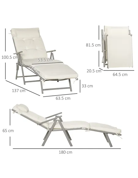 Outsunny Sun Lounger Steel Frame Outdoor Folding Chaise Texteline Lounge Chair Recliner with Headrest & 7 Levels Adjustable Back