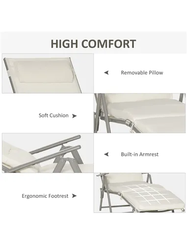 Outsunny Sun Lounger Steel Frame Outdoor Folding Chaise Texteline Lounge Chair Recliner with Headrest & 7 Levels Adjustable Back