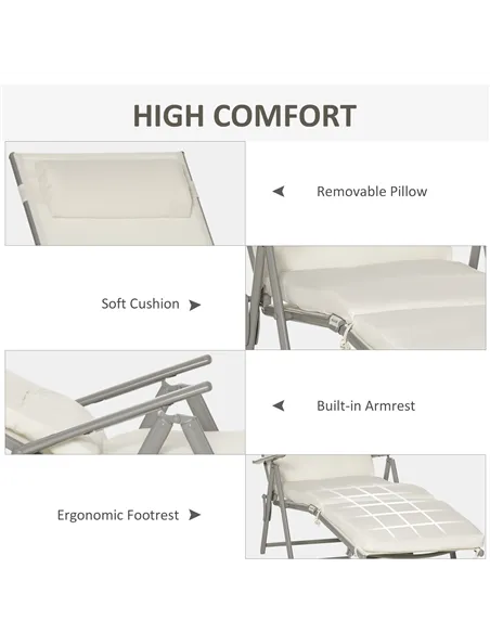 Outsunny Sun Lounger Steel Frame Outdoor Folding Chaise Texteline Lounge Chair Recliner with Headrest & 7 Levels Adjustable Back