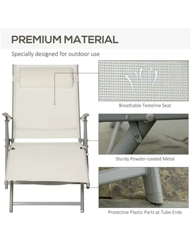 Outsunny Sun Lounger Steel Frame Outdoor Folding Chaise Texteline Lounge Chair Recliner with Headrest & 7 Levels Adjustable Back