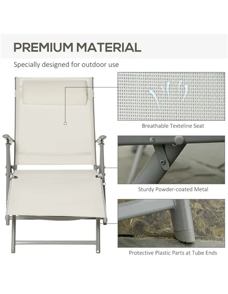 Outsunny Sun Lounger Steel Frame Outdoor Folding Chaise Texteline Lounge Chair Recliner with Headrest & 7 Levels Adjustable Back