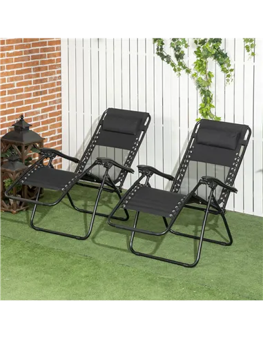 Outsunny Garden Recliner Chairs Set of 2, Outdoor Foldable Zero Gravity Chairs Set w/ Footstool and Detachable Headrest, Black