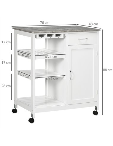 HOMCOM Compact Kitchen Trolley Utility Cart on Wheels with Wine Rack, Drawer, Open Shelf and Storage Cabinet for Dining Room, Wh