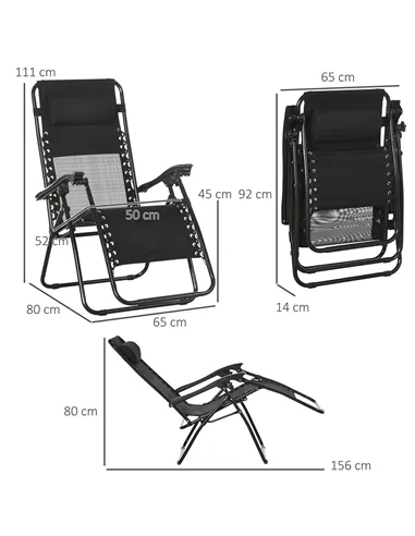 Outsunny Garden Recliner Chairs Set of 2, Outdoor Foldable Zero Gravity Chairs Set w/ Footstool and Detachable Headrest, Black