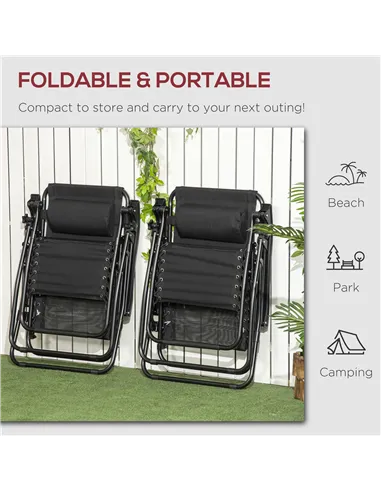 Outsunny Garden Recliner Chairs Set of 2, Outdoor Foldable Zero Gravity Chairs Set w/ Footstool and Detachable Headrest, Black