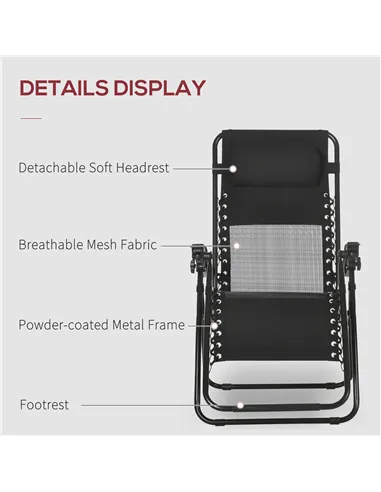 Outsunny Garden Recliner Chairs Set of 2, Outdoor Foldable Zero Gravity Chairs Set w/ Footstool and Detachable Headrest, Black