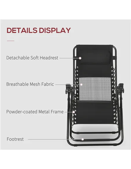 Outsunny Garden Recliner Chairs Set of 2, Outdoor Foldable Zero Gravity Chairs Set w/ Footstool and Detachable Headrest, Black