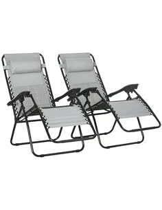 Outsunny Garden Recliner Chairs Set of 2, Outdoor Foldable Zero Gravity Chairs Set w/ Footstool and Detachable Headrest, Grey