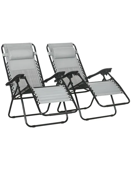 Outsunny Garden Recliner Chairs Set of 2, Outdoor Foldable Zero Gravity Chairs Set w/ Footstool and Detachable Headrest, Grey