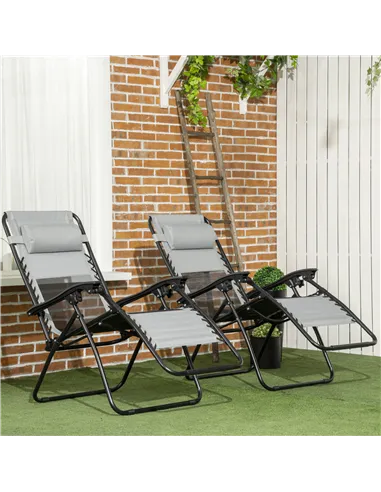 Outsunny Garden Recliner Chairs Set of 2, Outdoor Foldable Zero Gravity Chairs Set w/ Footstool and Detachable Headrest, Grey