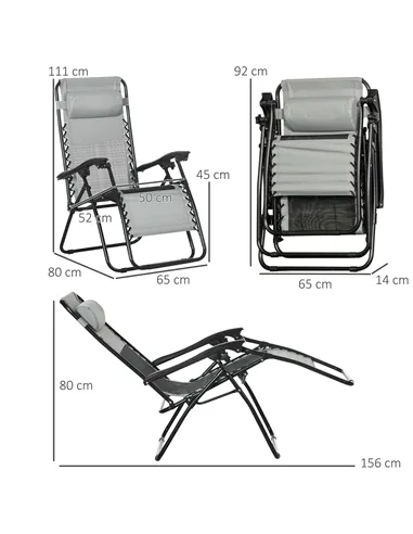 Outsunny Garden Recliner Chairs Set of 2, Outdoor Foldable Zero Gravity Chairs Set w/ Footstool and Detachable Headrest, Grey