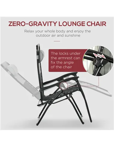 Outsunny Garden Recliner Chairs Set of 2, Outdoor Foldable Zero Gravity Chairs Set w/ Footstool and Detachable Headrest, Grey
