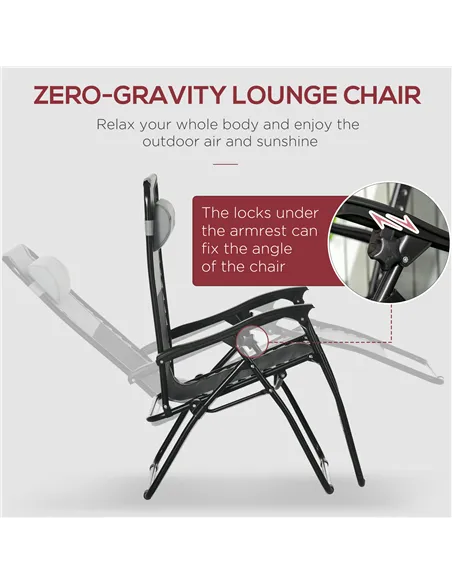 Outsunny Garden Recliner Chairs Set of 2, Outdoor Foldable Zero Gravity Chairs Set w/ Footstool and Detachable Headrest, Grey