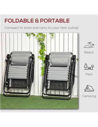 Outsunny Garden Recliner Chairs Set of 2, Outdoor Foldable Zero Gravity Chairs Set w/ Footstool and Detachable Headrest, Grey