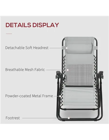 Outsunny Garden Recliner Chairs Set of 2, Outdoor Foldable Zero Gravity Chairs Set w/ Footstool and Detachable Headrest, Grey