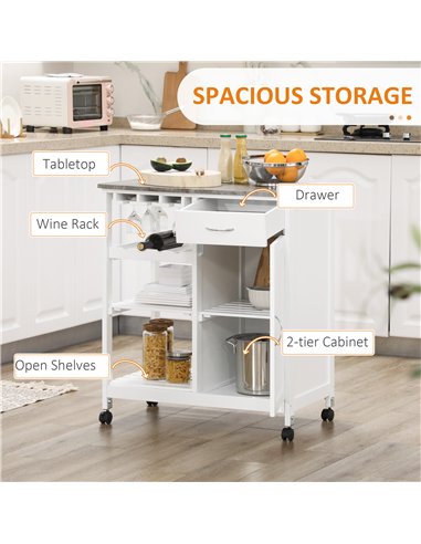 HOMCOM Compact Kitchen Trolley Utility Cart on Wheels with Wine Rack, Drawer, Open Shelf and Storage Cabinet for Dining Room, Wh