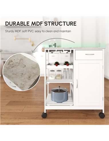 HOMCOM Compact Kitchen Trolley Utility Cart on Wheels with Wine Rack, Drawer, Open Shelf and Storage Cabinet for Dining Room, Wh