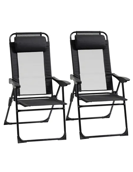 Outsunny Set of 2 Portable Folding Recliner Metal Outdoor Patio Chaise Lounge Chairs with Adjustable Backrest, Black